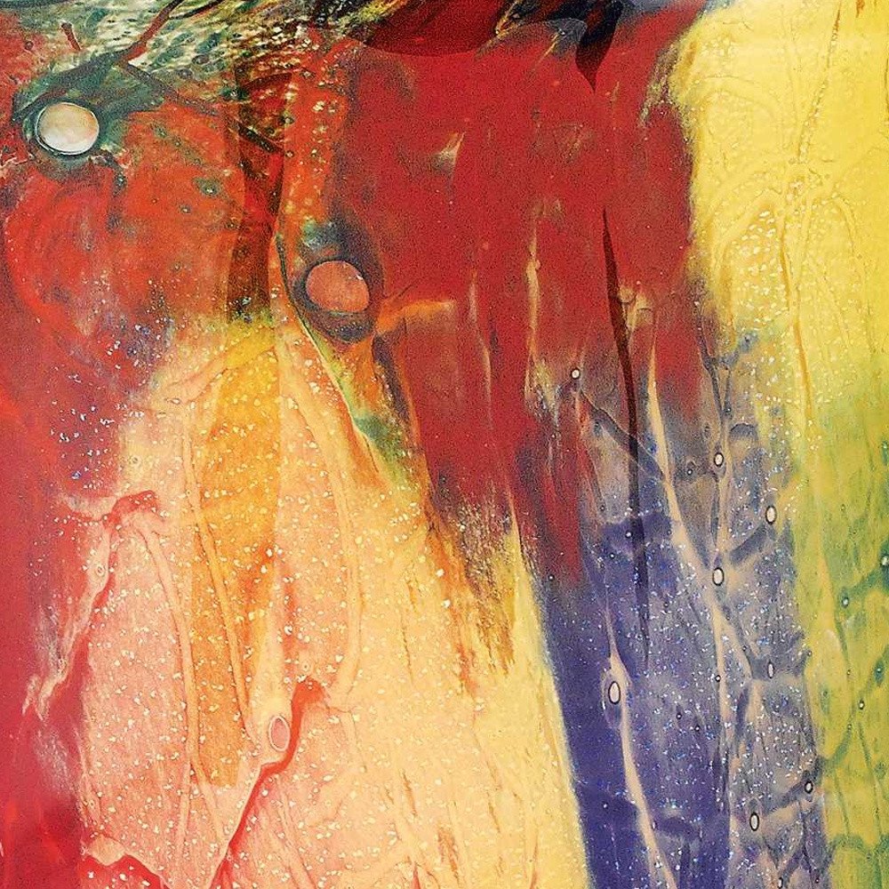 11" Red Purple And Yellow Abstract Oval Murano Glass Table Vase