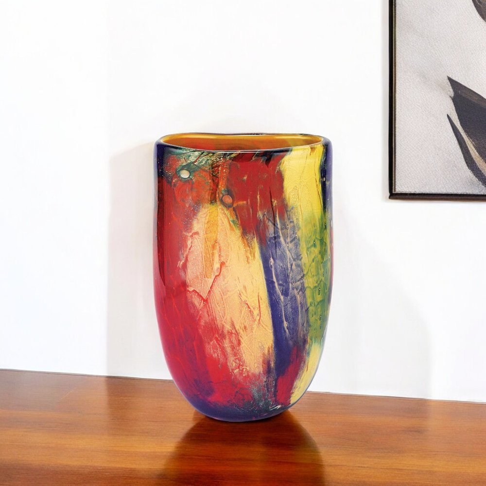 11" Red Purple And Yellow Abstract Oval Murano Glass Table Vase