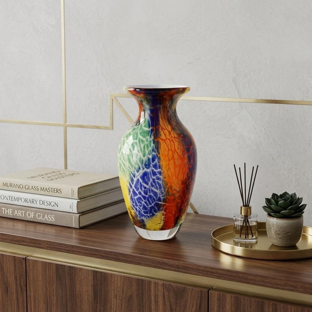 11" Blue Green And Orange Urn Murano Glass Table Vase