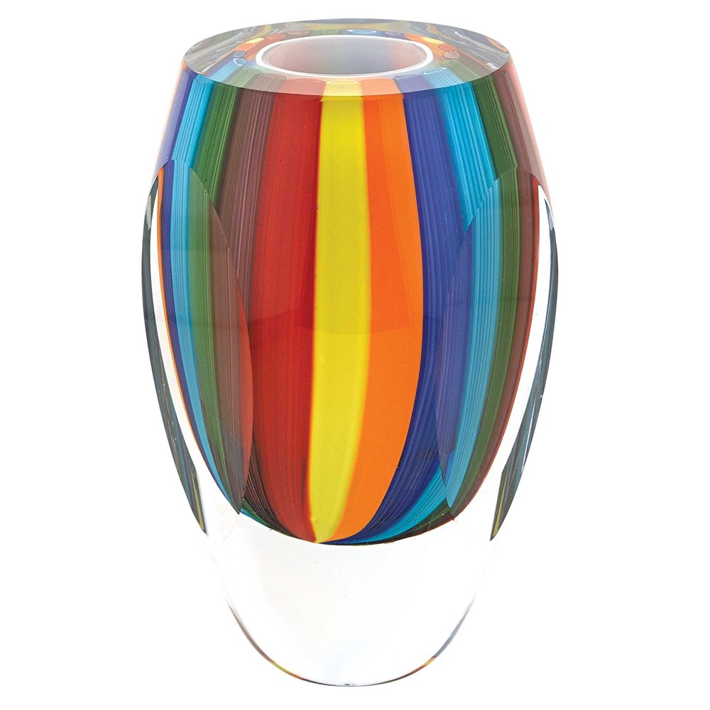 6" Blue Clear Red And Yellow Cylinder Crystal Glass Table Vase