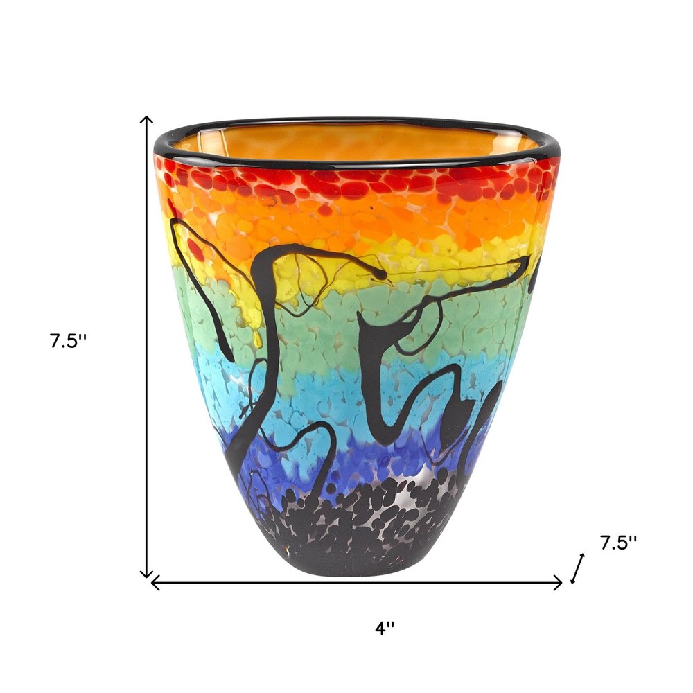 8" Red Orange Blue And Black Blue Abstract Oval Murano Glass Table Vase