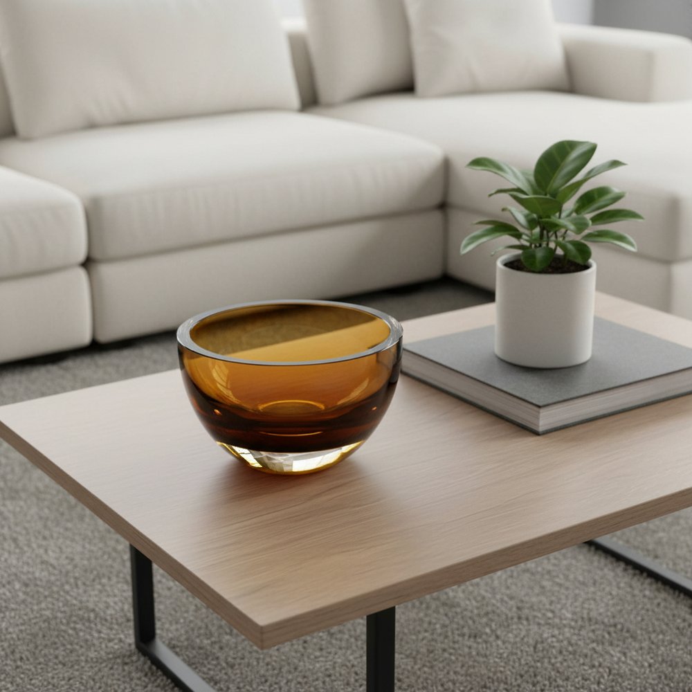 6" Amber Mouth Blown Crystal Thick Walled Bowl