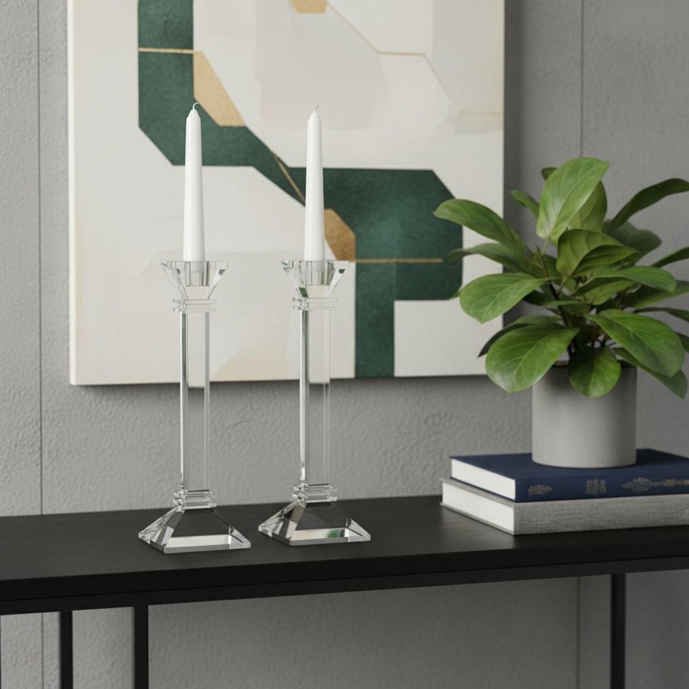 Set of Two Clear Crystal Tabletop Candle Holders