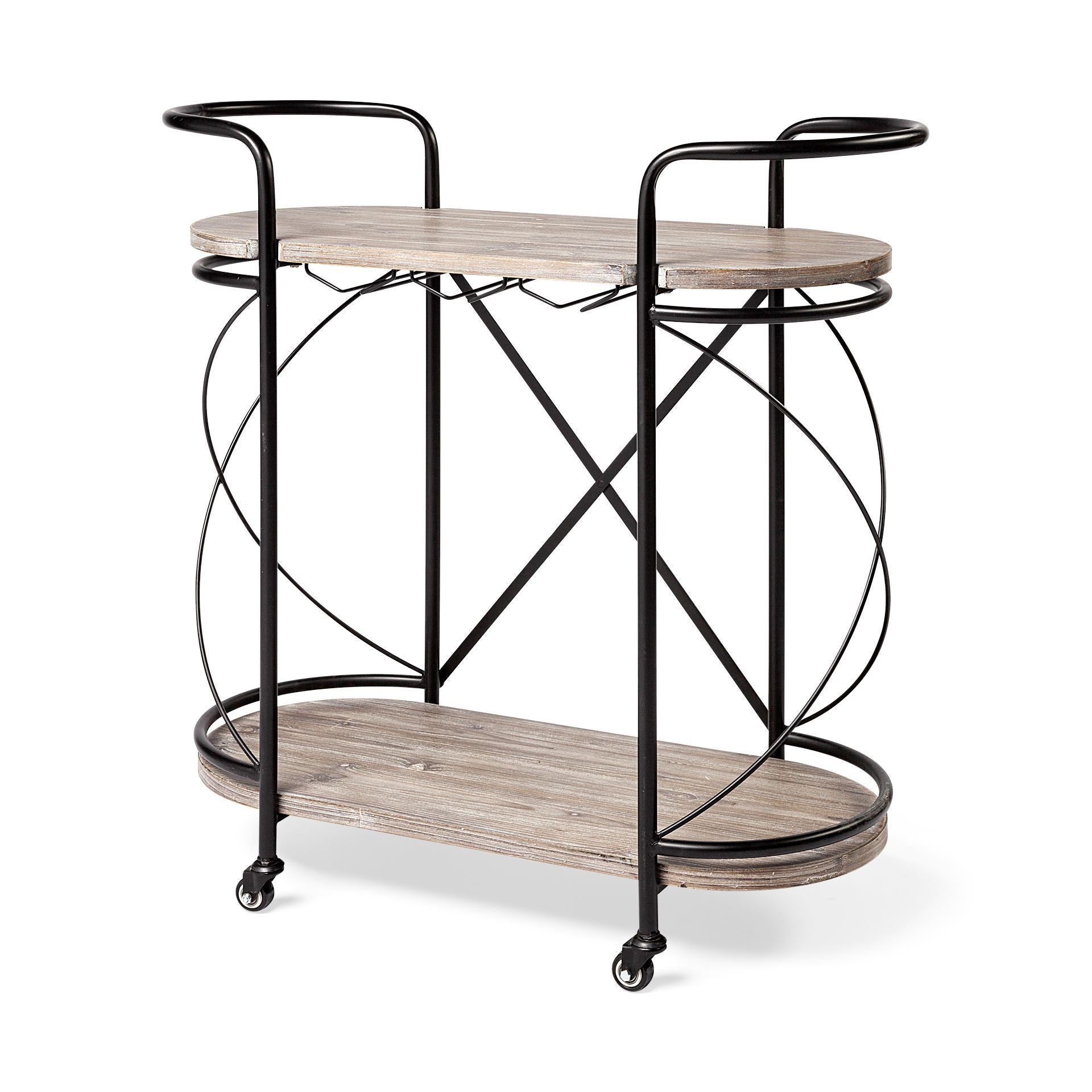 15" Black Solid Wood and Steel Round Rolling Kitchen Cart With Storage