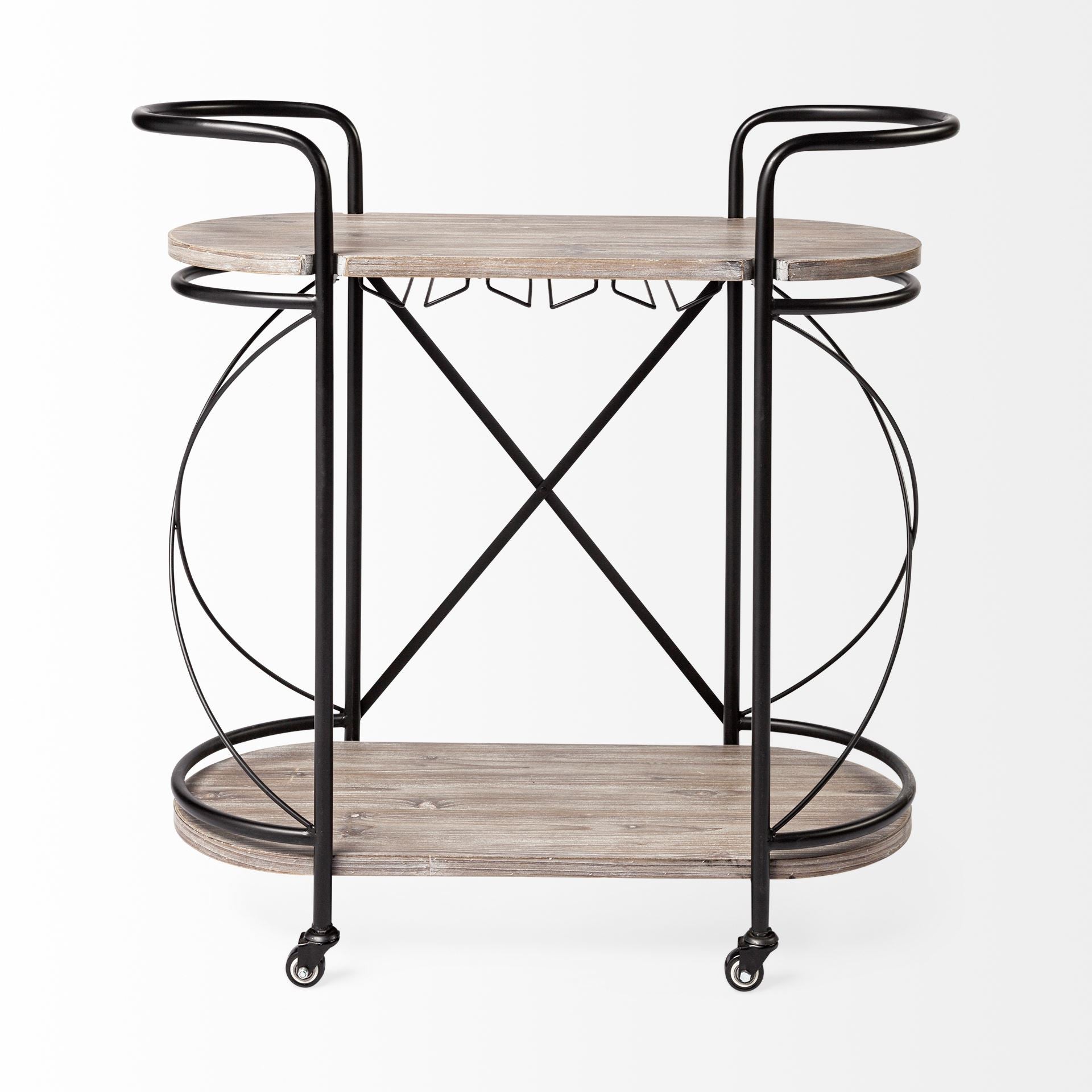 15" Black Solid Wood and Steel Round Rolling Kitchen Cart With Storage