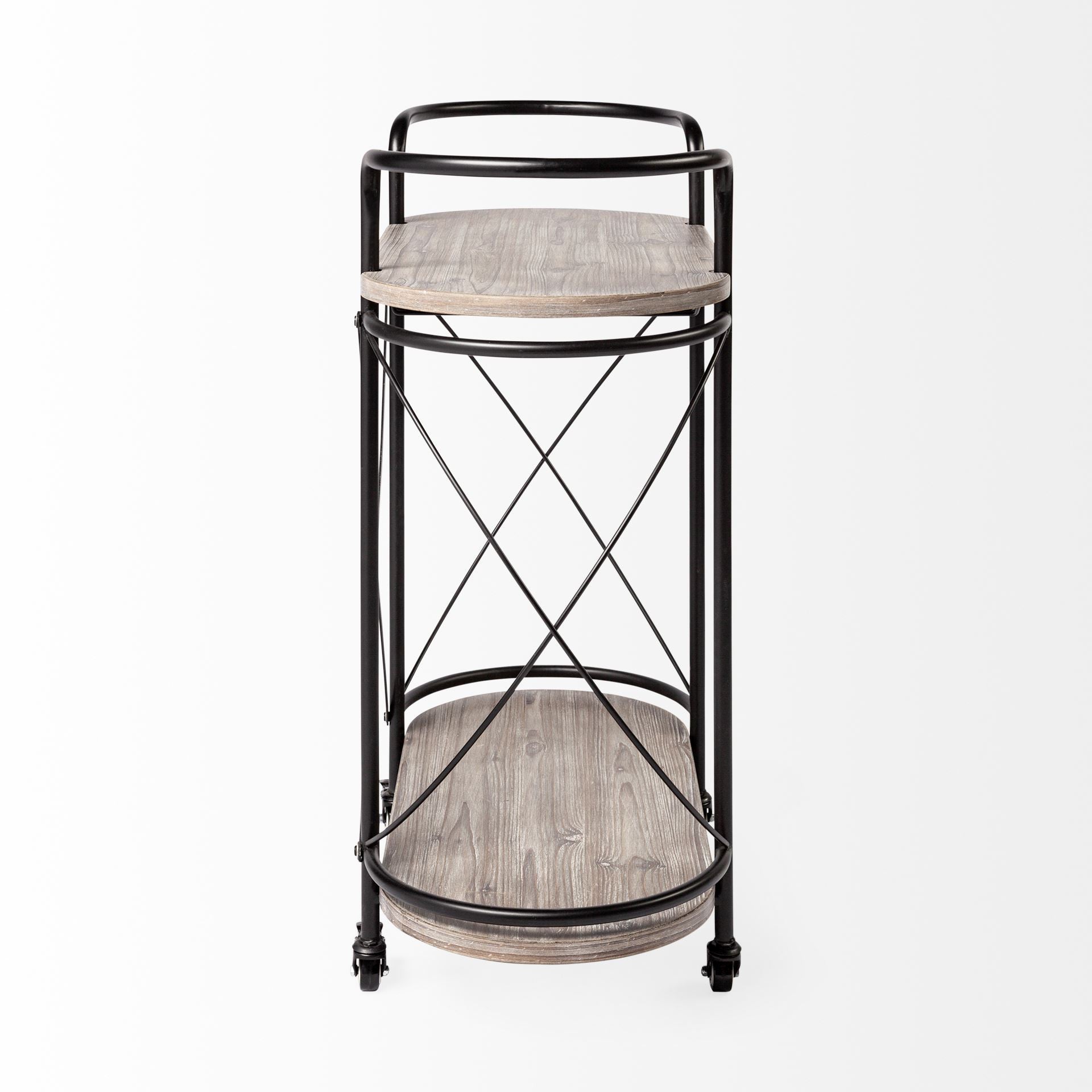 15" Black Solid Wood and Steel Round Rolling Kitchen Cart With Storage