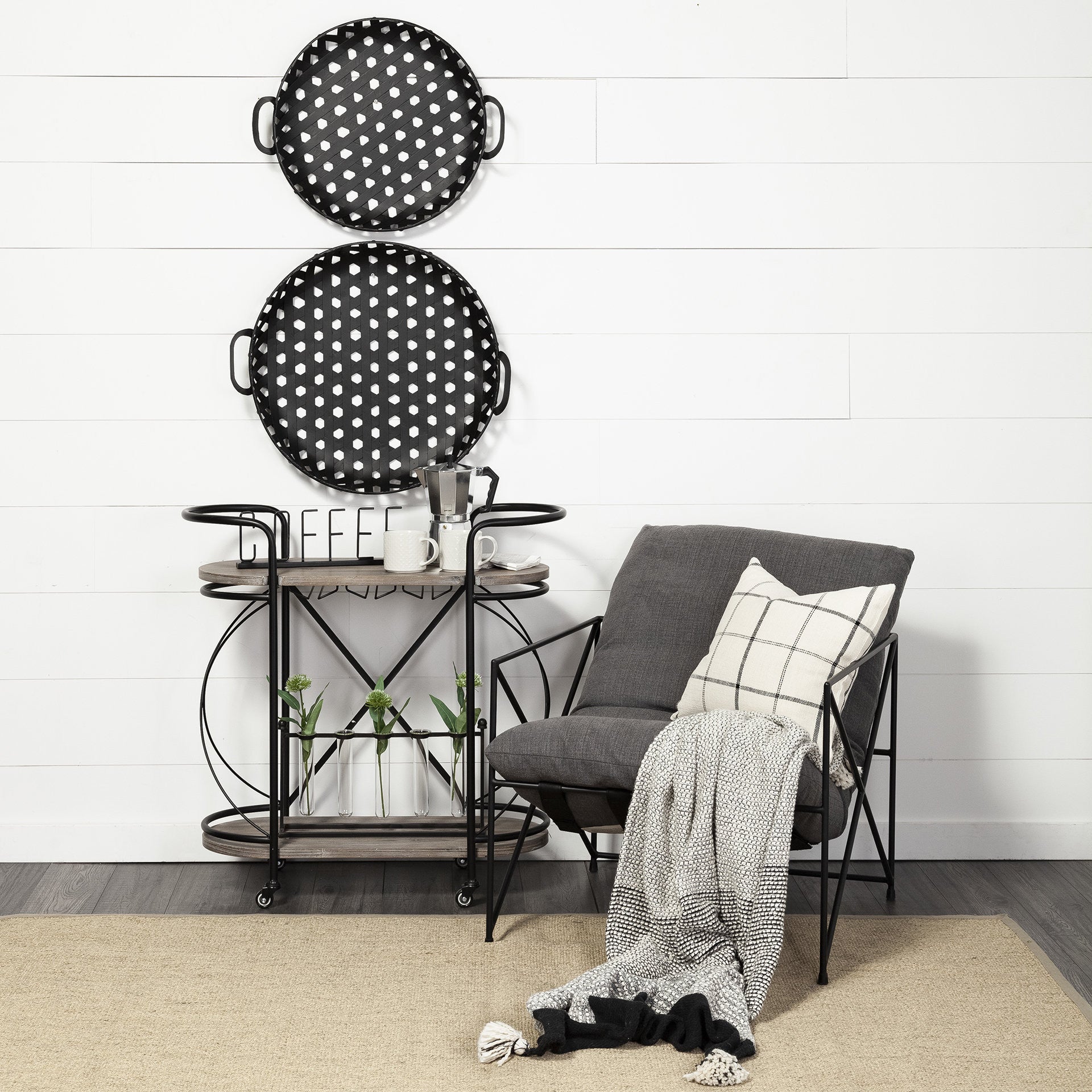 15" Black Solid Wood and Steel Round Rolling Kitchen Cart With Storage