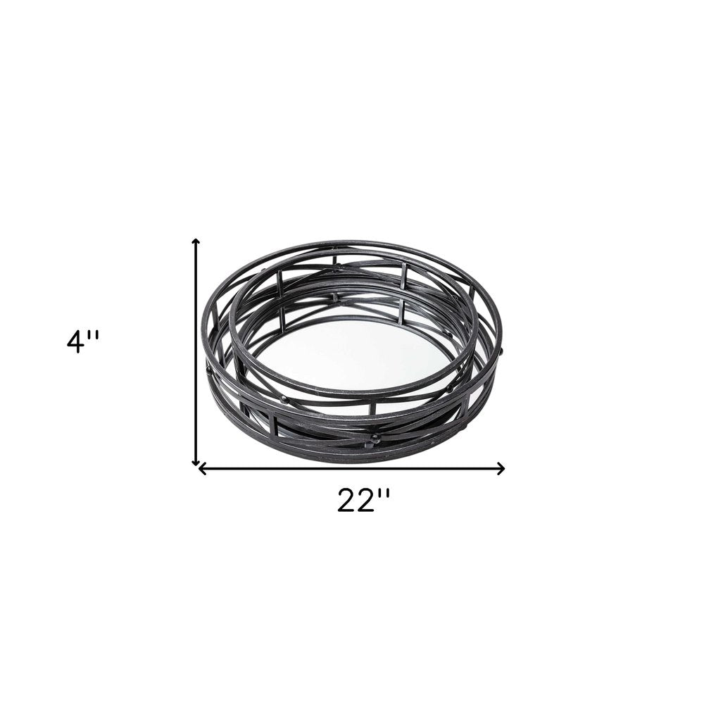 Set of Two Black Round Metal And Mirrored Glass Vanity Trays