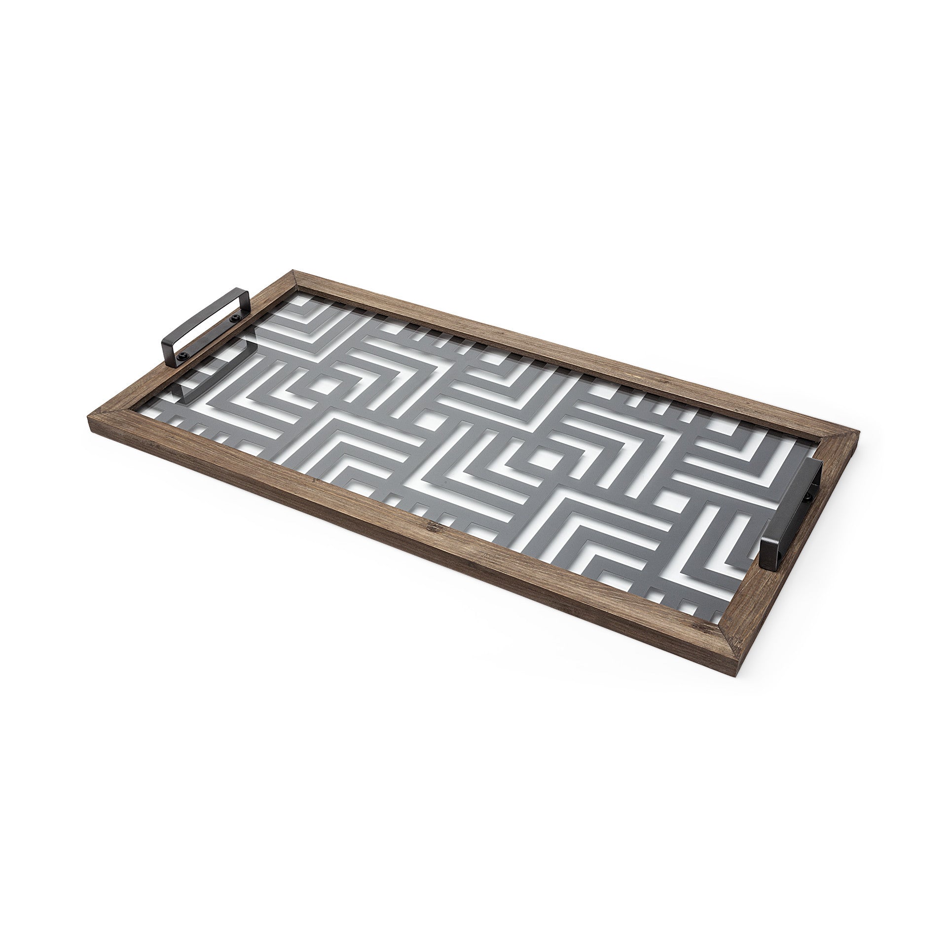 32" Brown and Black Glass Metal And Wood Geometric Serving Tray With Handles