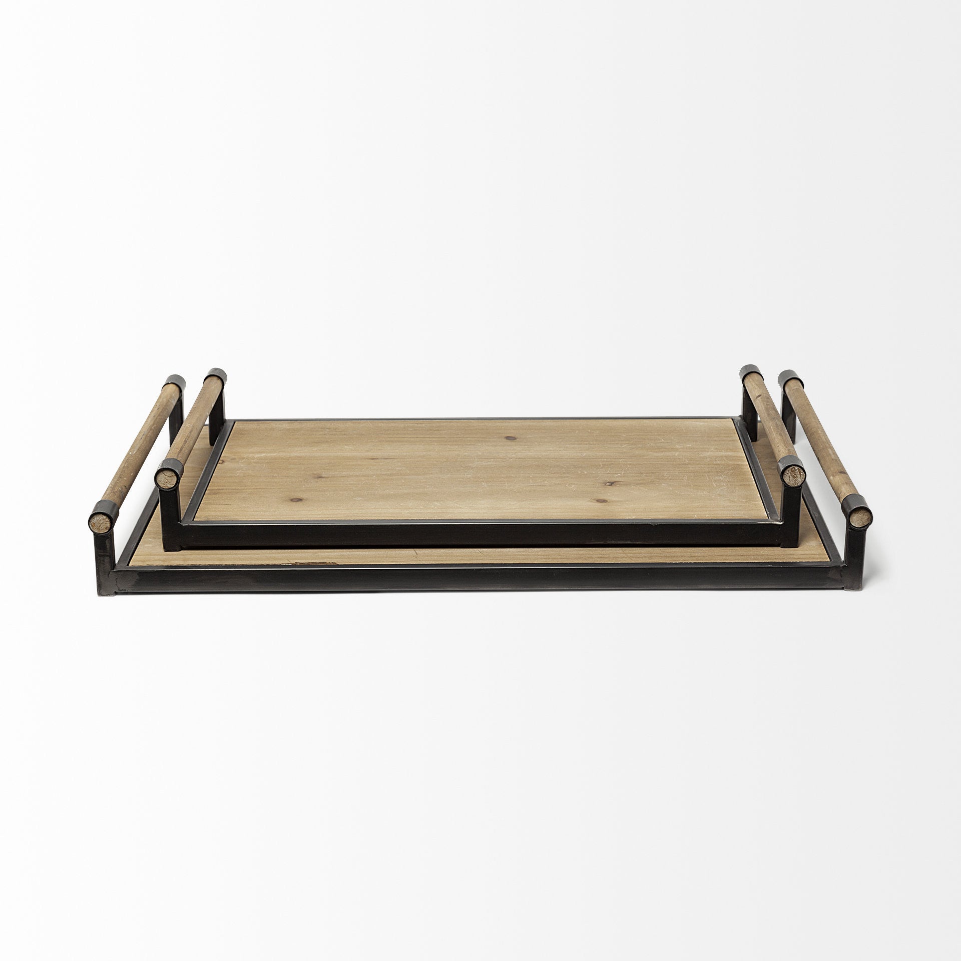 Set Of 2 Light Brown Wood With Matte Black Metal Frame And Two Handles Trays