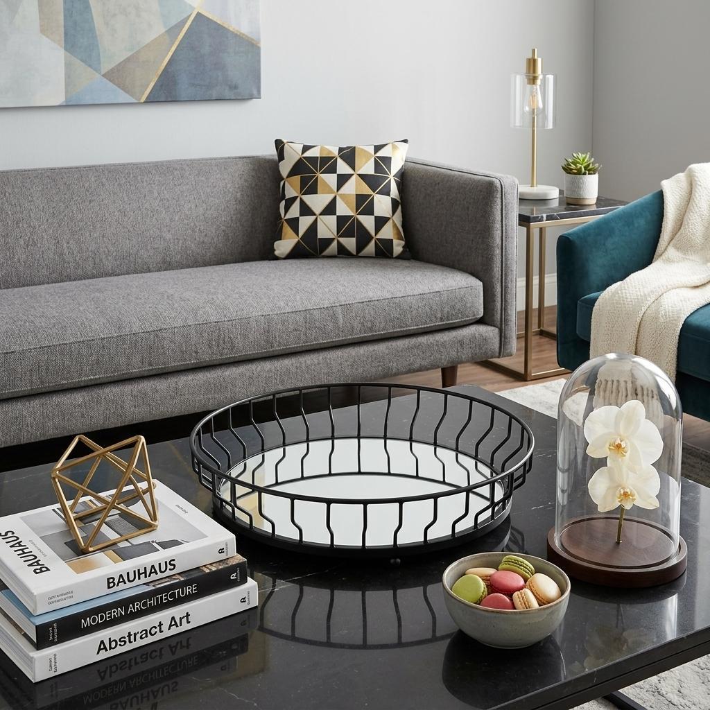 20" Black Round Metal Indoor Outdoor Serving Tray With Handles