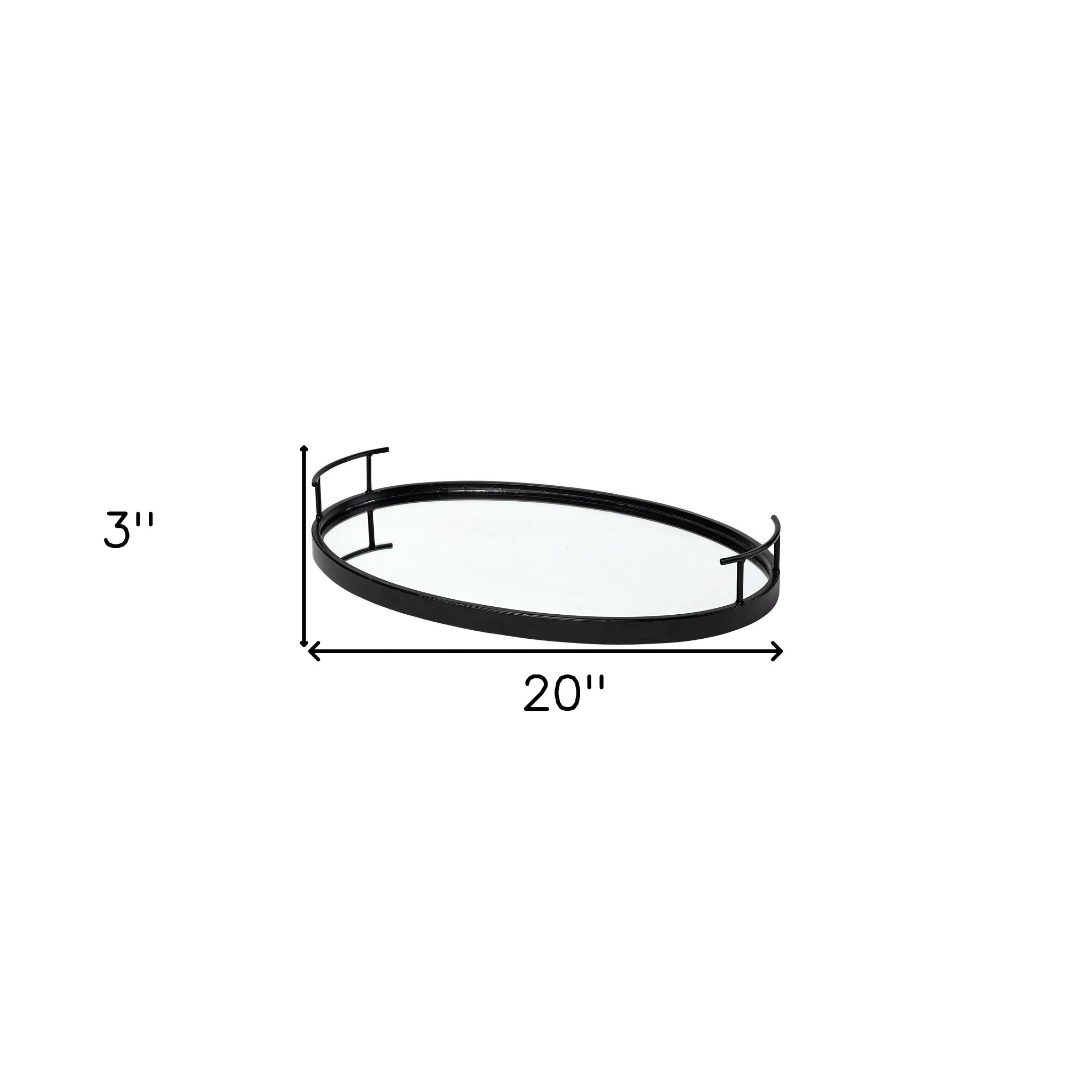 20" Black Metal And Mirrored Glass Oval Vanity Tray With Handles