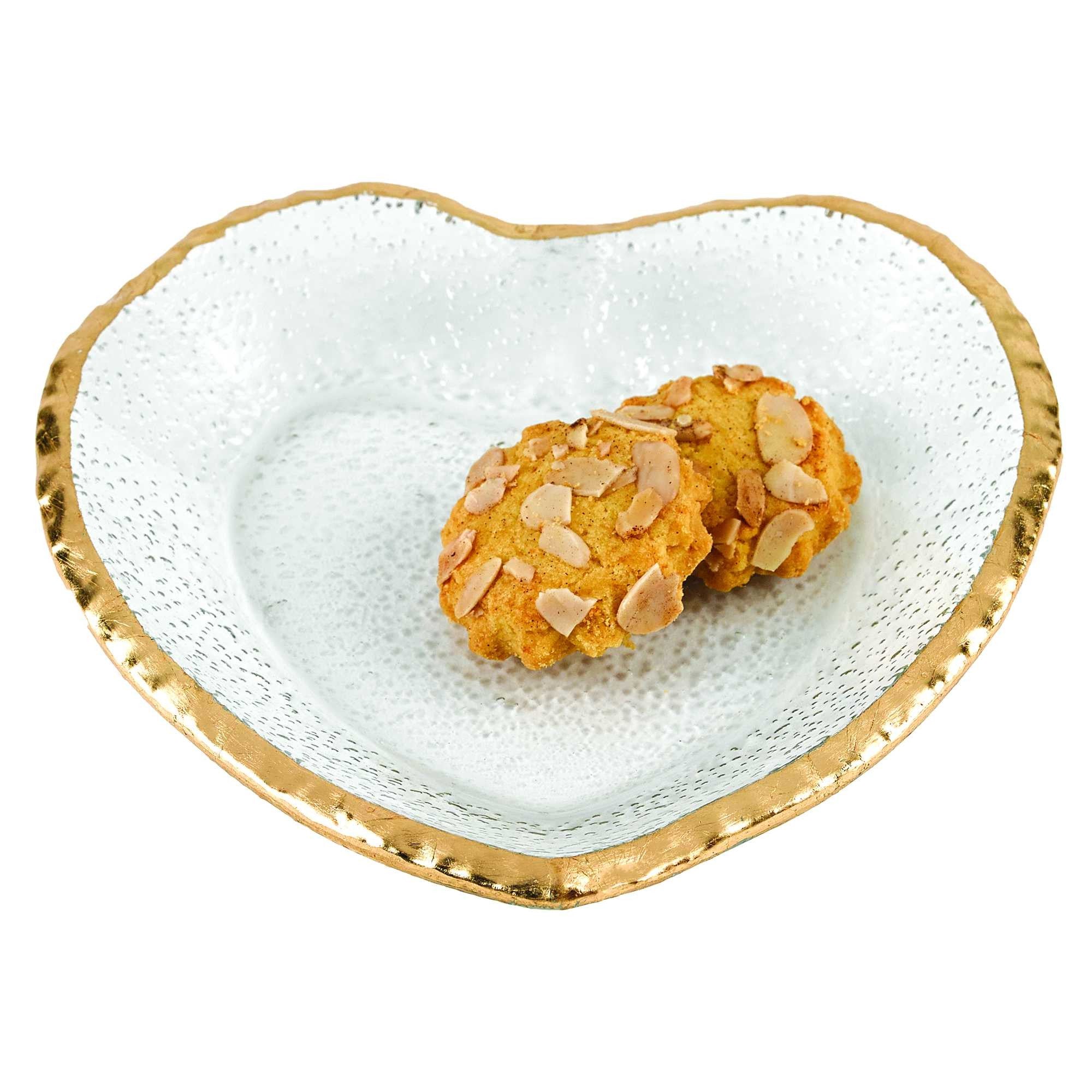 8" Mouth Blown Seeded Glass Heart Plate with Gold Rim