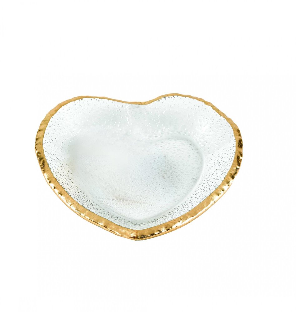 8" Mouth Blown Seeded Glass Heart Plate with Gold Rim
