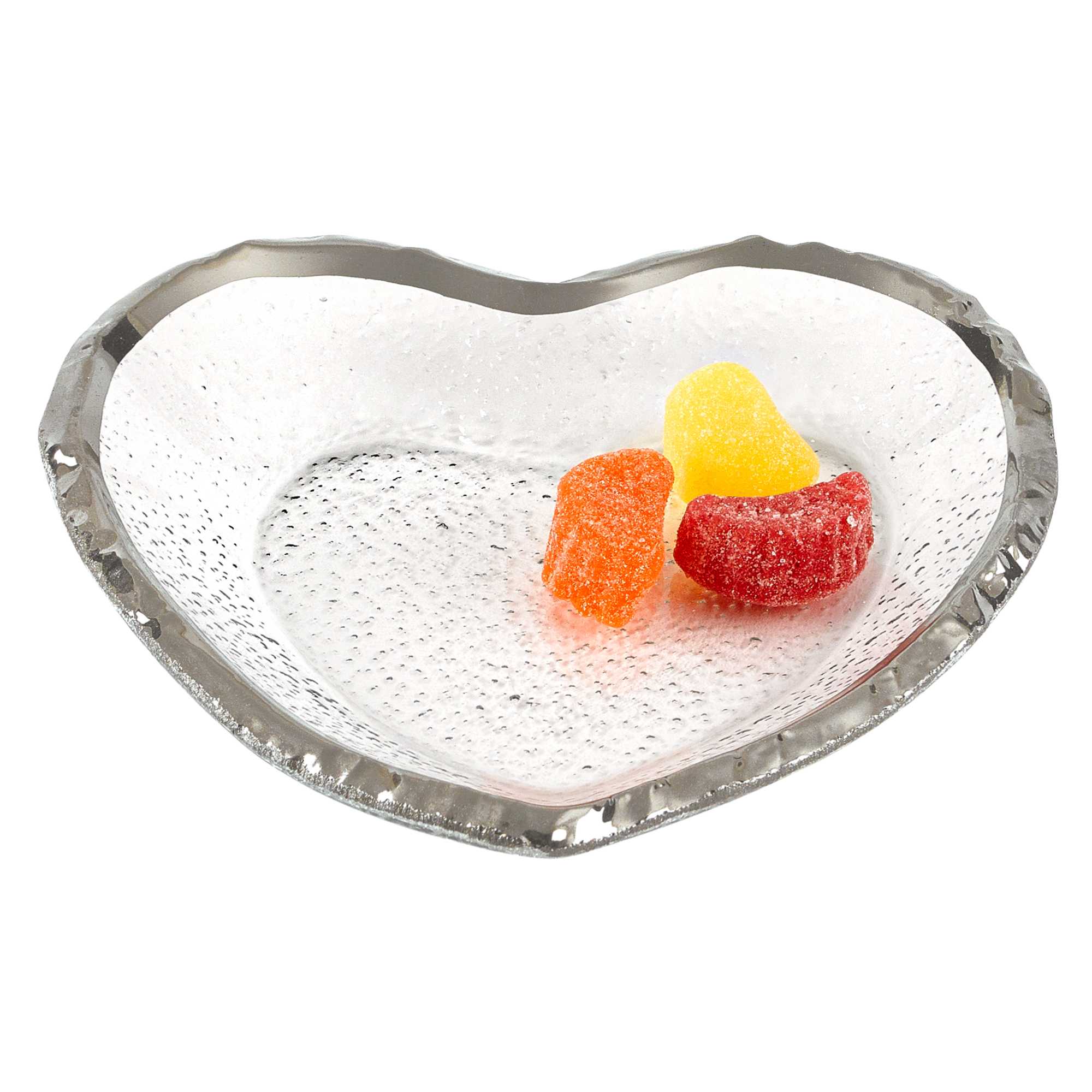 8" Mouth Blown Seeded Glass Heart Plate with Silver Rim