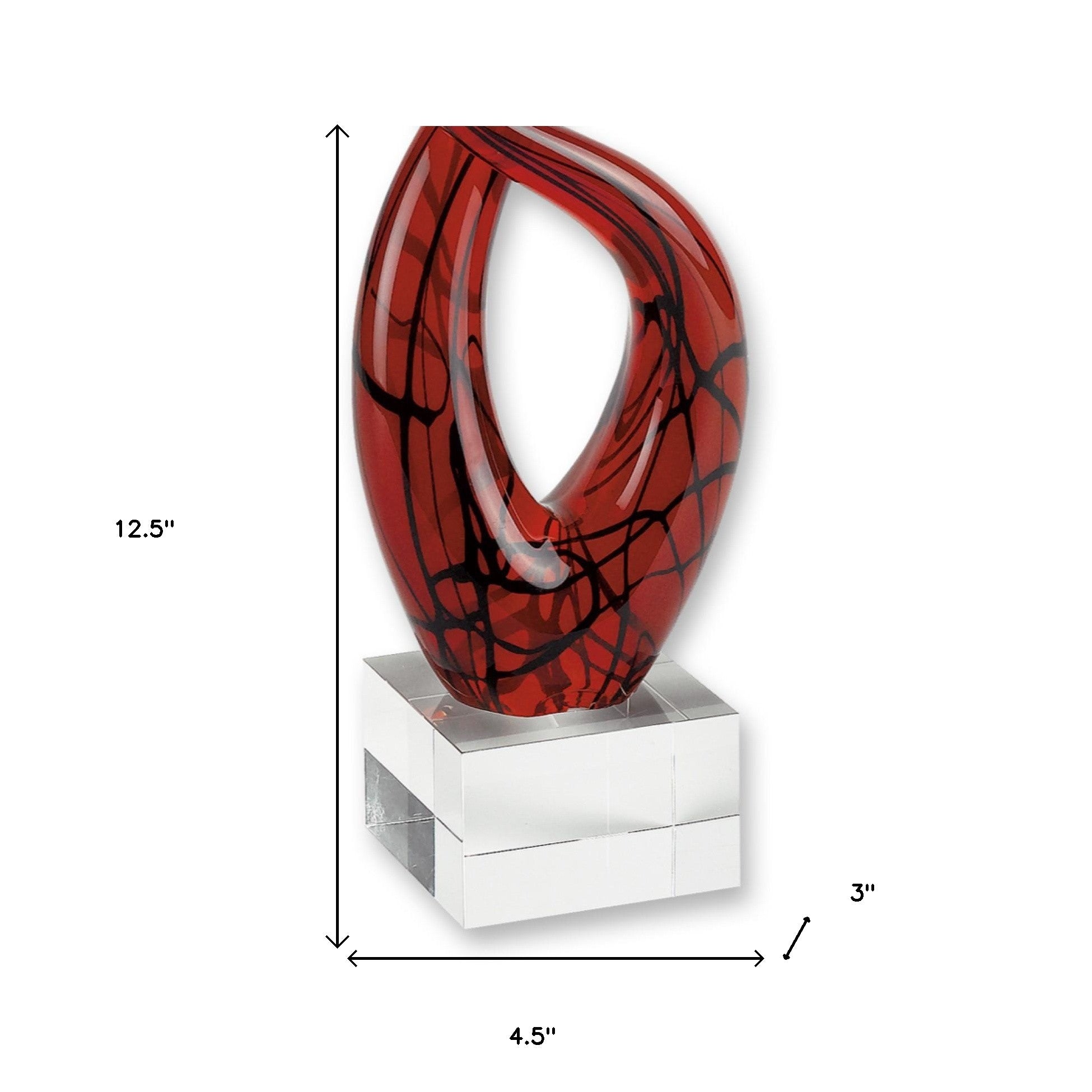13" Clear Burgundy and Black Murano Glass Modern Abstract Tabletop Sculpture