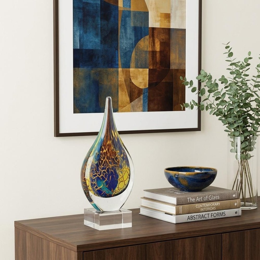 12" Blue and Yellow Murano Glass Modern Abstract Tabletop Sculpture