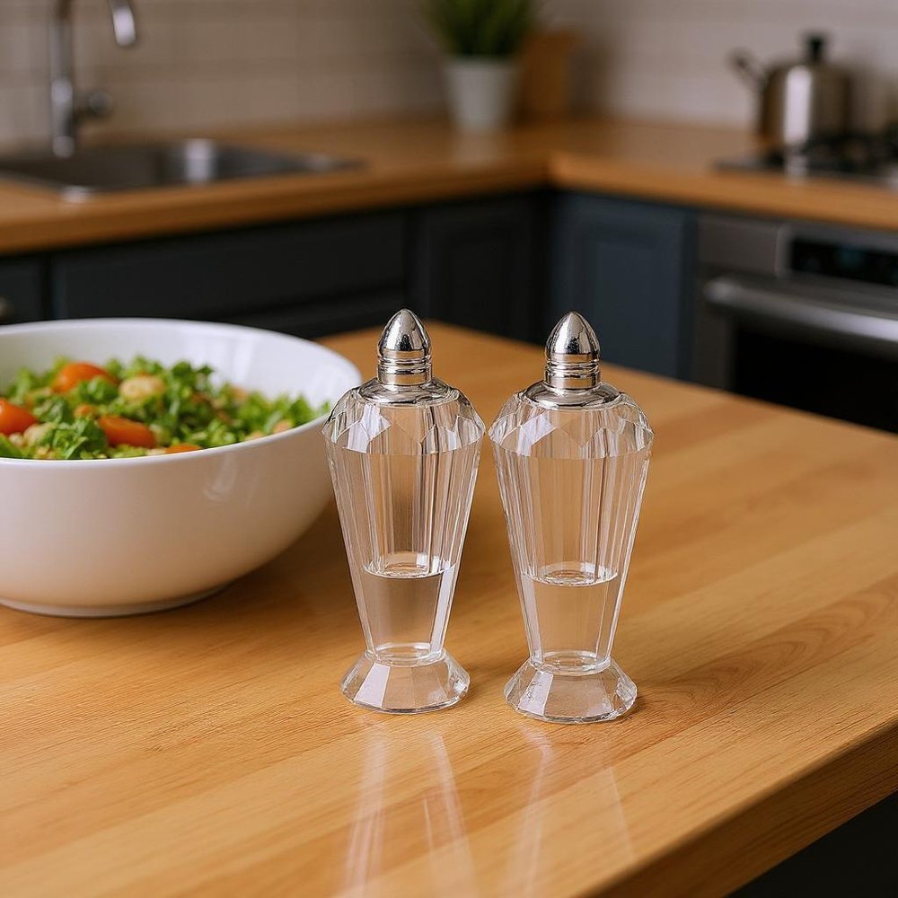 Set of Two Clear And Silver Crystal Geometric Pepper Shakers
