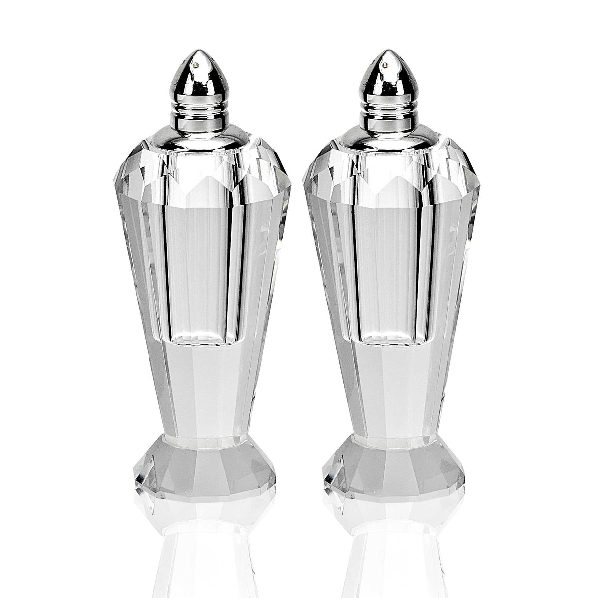 Set of Two Clear And Silver Crystal Geometric Pepper Shakers