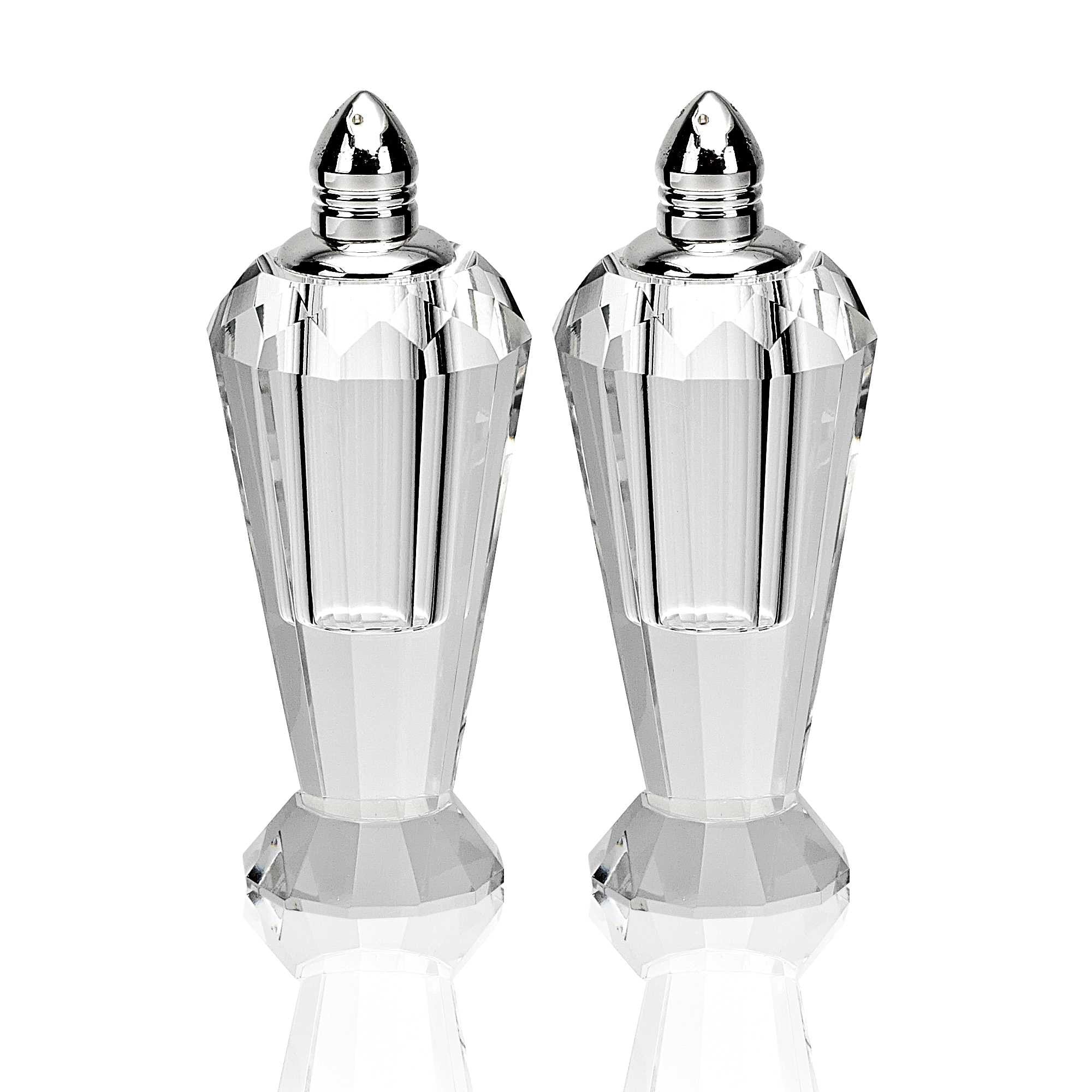 Set of Two Clear And Silver Crystal Geometric Pepper Shakers