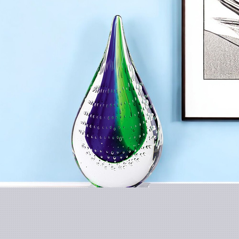 11" Clear Blue and Green Murano Glass Modern Abstract Tabletop Sculpture