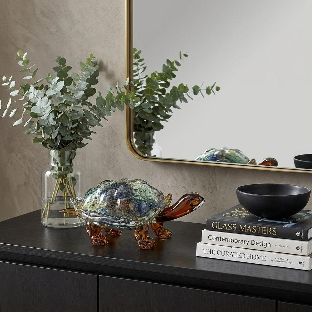 7" Clear Brown and Green Murano Glass Turtle Figurine Tabletop Sculpture