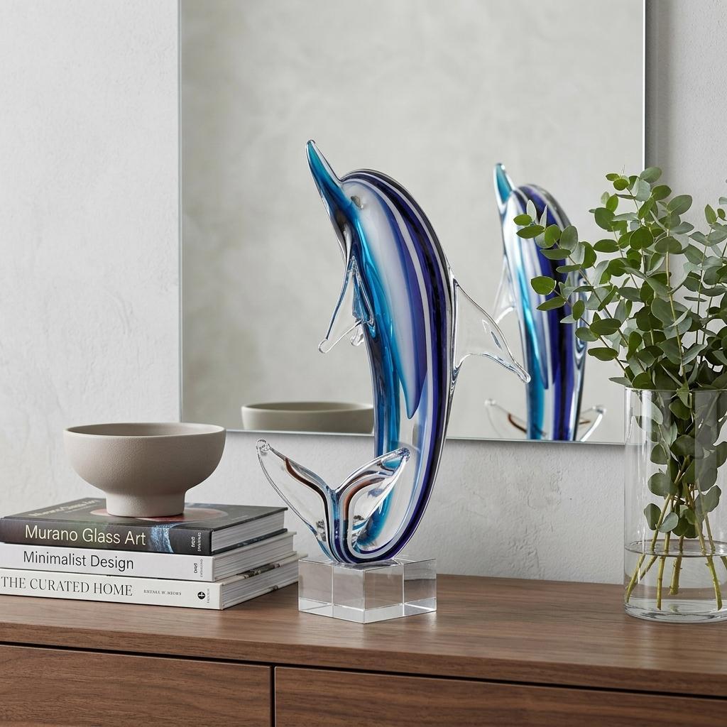 14" Blue Murano Glass Dolphin Figurine Tabletop Sculpture