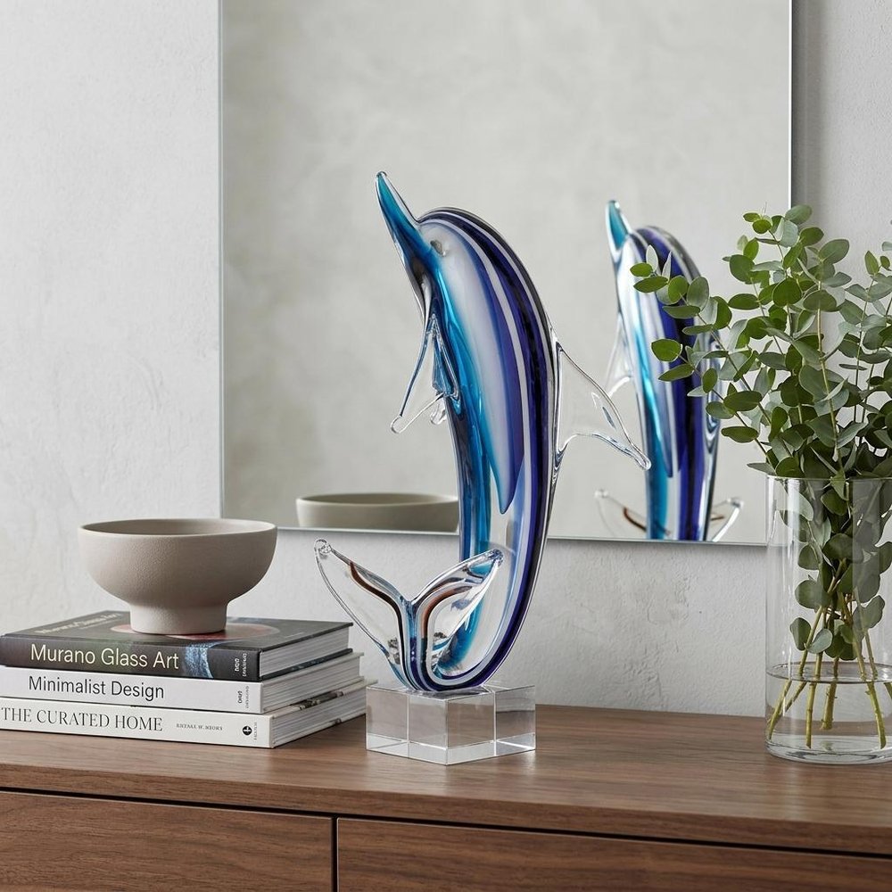14" Blue Murano Glass Dolphin Figurine Tabletop Sculpture