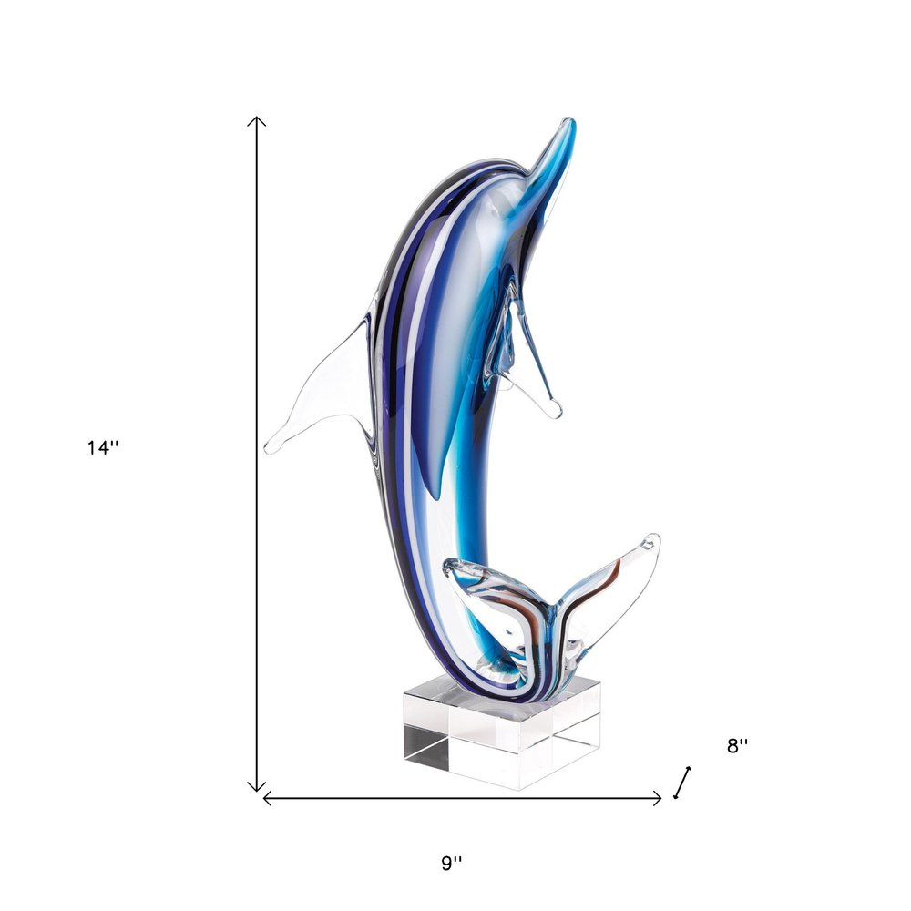 14" Blue Murano Glass Dolphin Figurine Tabletop Sculpture