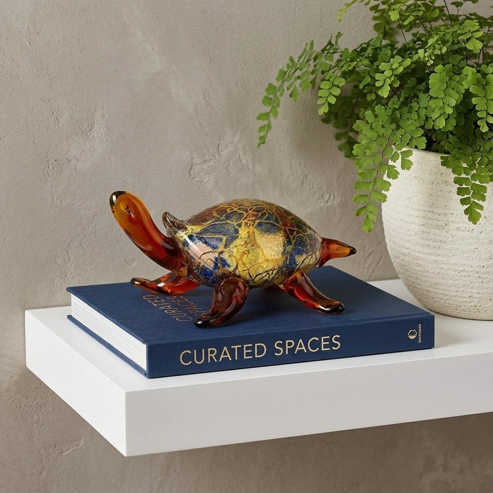 4" Clear Brown and Green Murano Glass Turtle Figurine Tabletop Sculpture