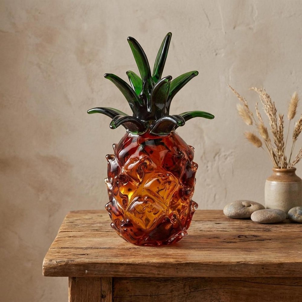 9" Amber And Green Mouth Blown Art Glass Pineapple Sculpture