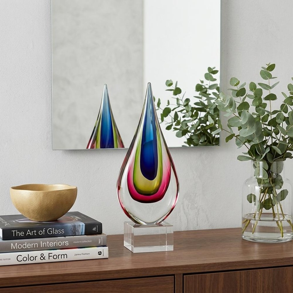 12" Clear Red Blue Yellow Murano Glass Modern Abstract Tabletop Sculpture