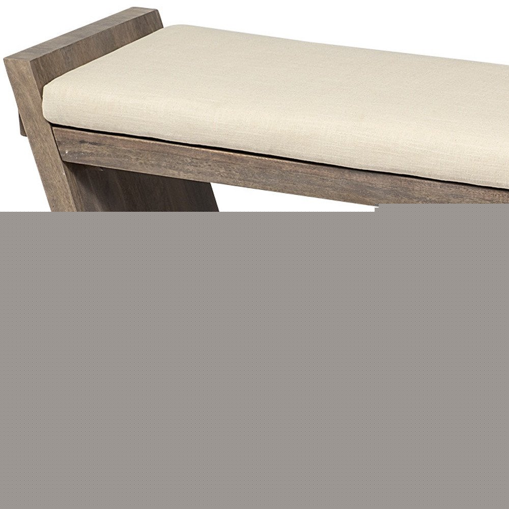 14" Cream and Brown Upholstered Linen Blend Bench