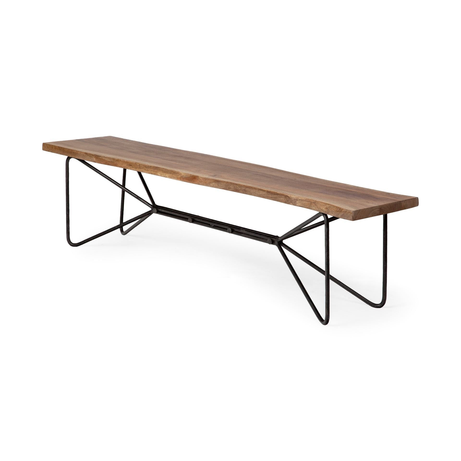66" Brown and Black Distressed Live Edge Solid Wood Dining Bench