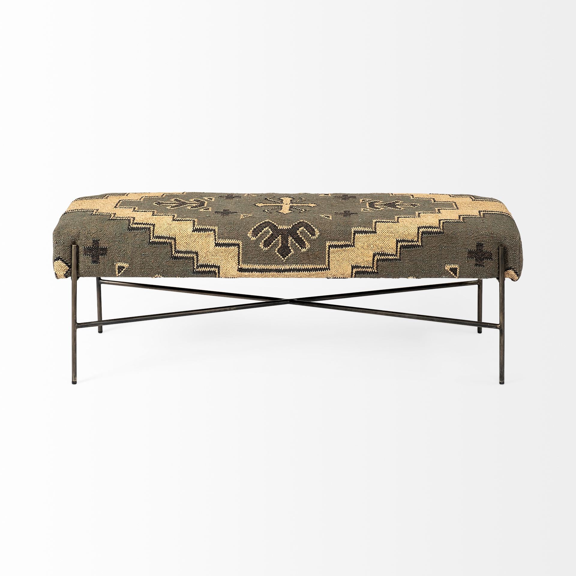 55" Green Brown and Black Upholstered Abstract Cotton Blend Bench