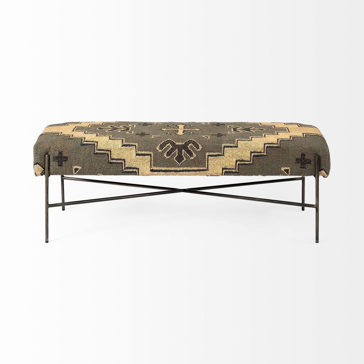 55" Green Brown and Black Upholstered Abstract Cotton Blend Bench