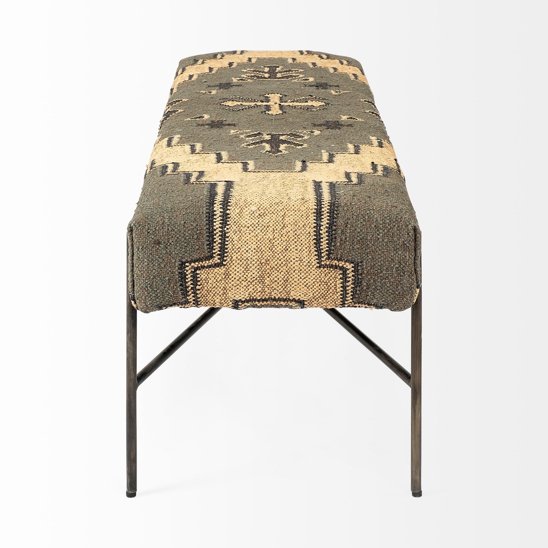 55" Green Brown and Black Upholstered Abstract Cotton Blend Bench