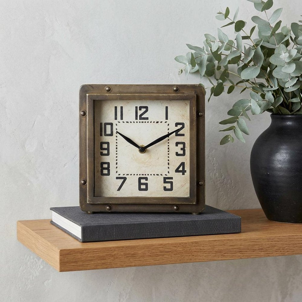 Square Bronze Toned Metal Desk Table Clock With Traditional Black Numbers And Hands