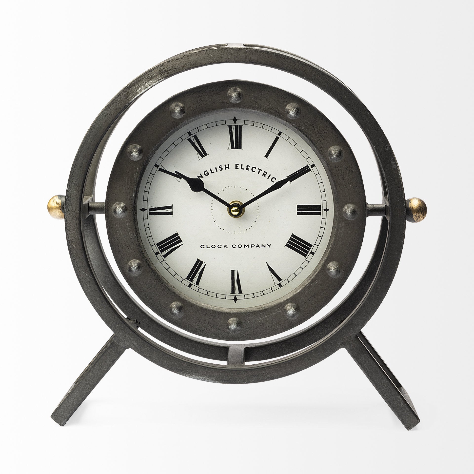 Gray Metal Circular Desk Table Clock With Rivet Detail Frame
