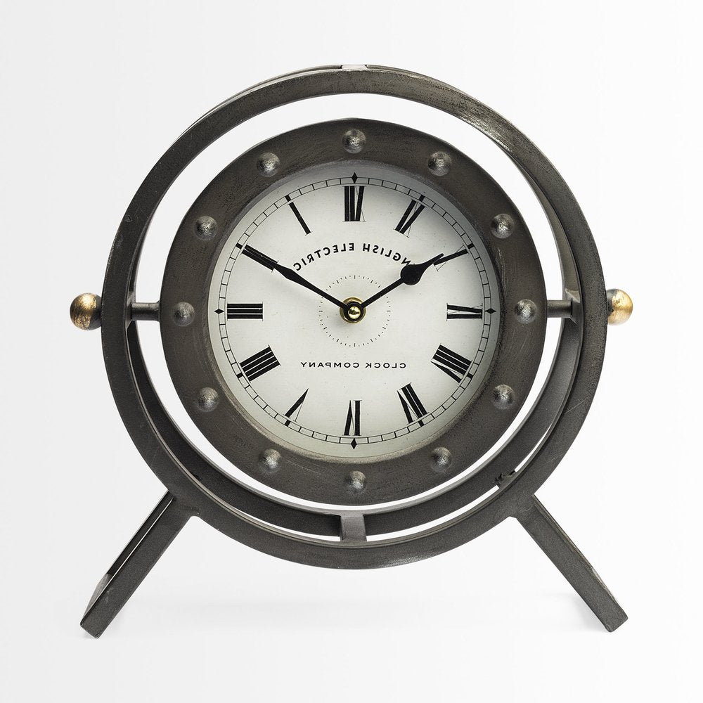 Gray Metal Circular Desk Table Clock With Rivet Detail Frame