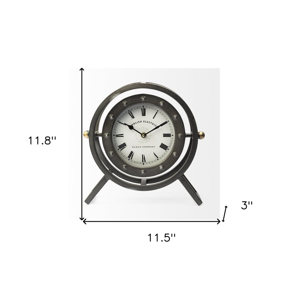 12" Black And White Metal Table Clock