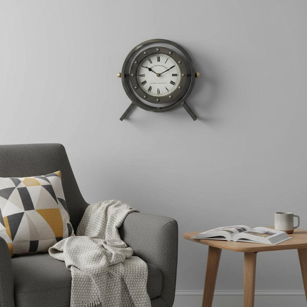 Gray Metal Circular Desk Table Clock With Rivet Detail Frame