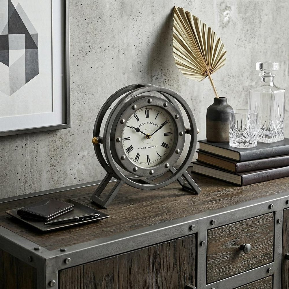 12" Black And White Metal Table Clock