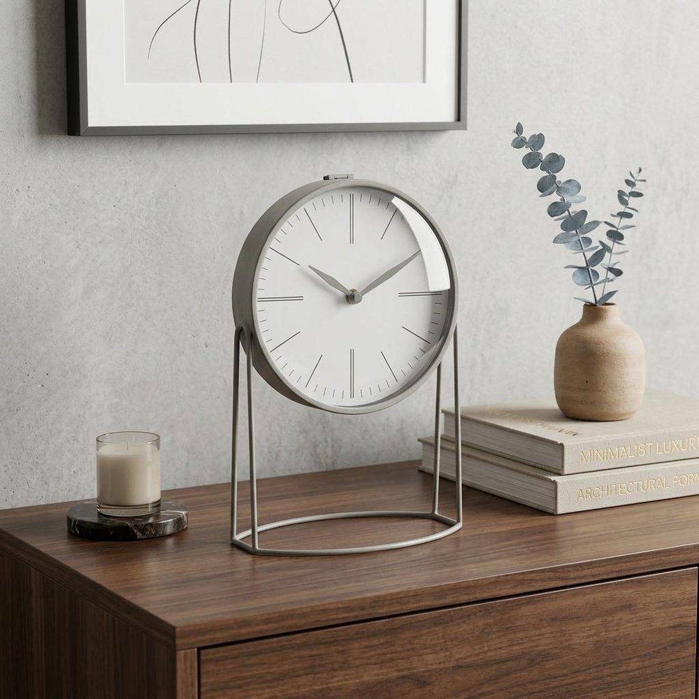12" Gray Metal Table Clock