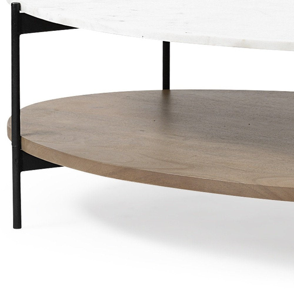 48" Brown and Black Genuine Marble and Metal Oval Coffee Table With Shelf