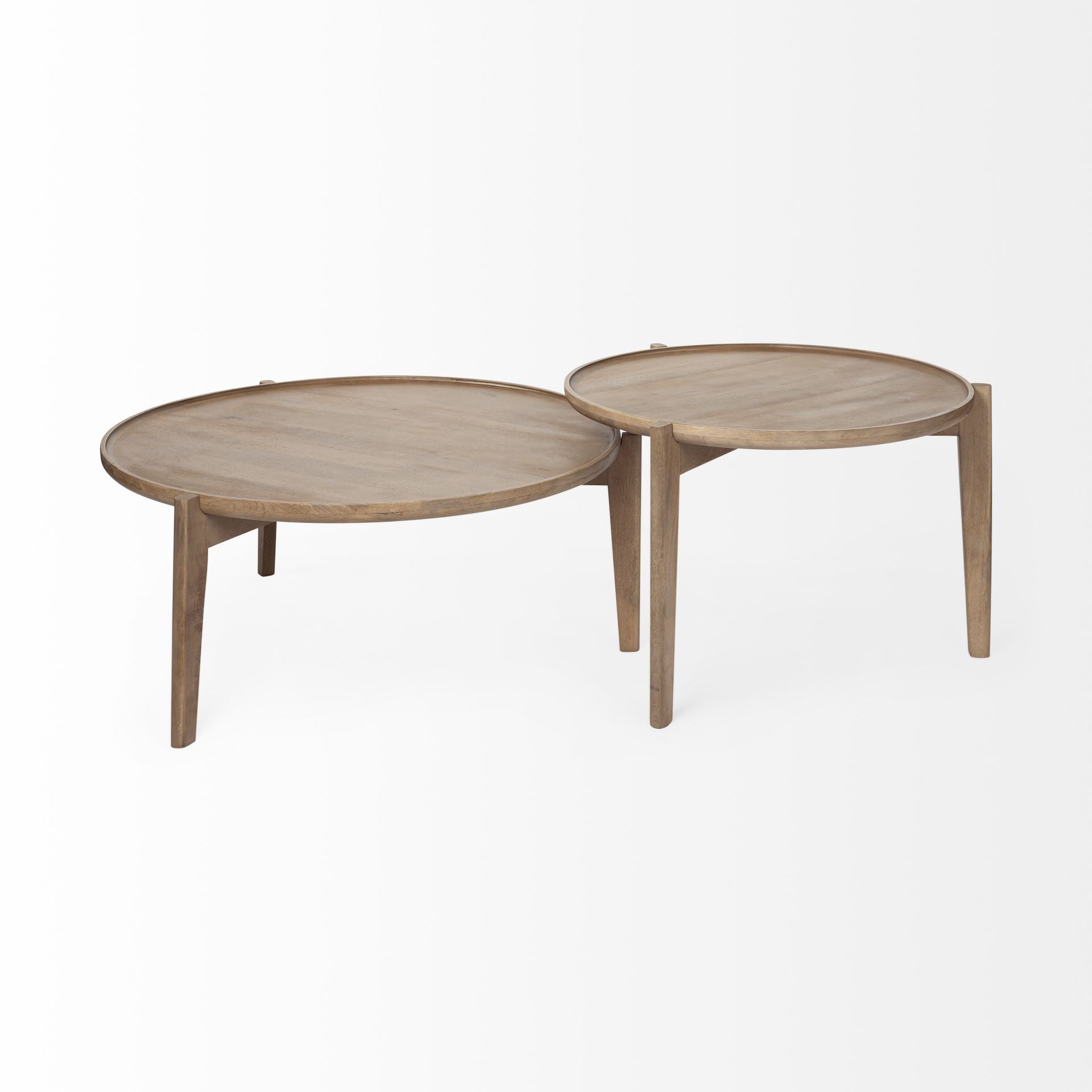 Set of Two Brown Solid Wood Round Nested Coffee Tables