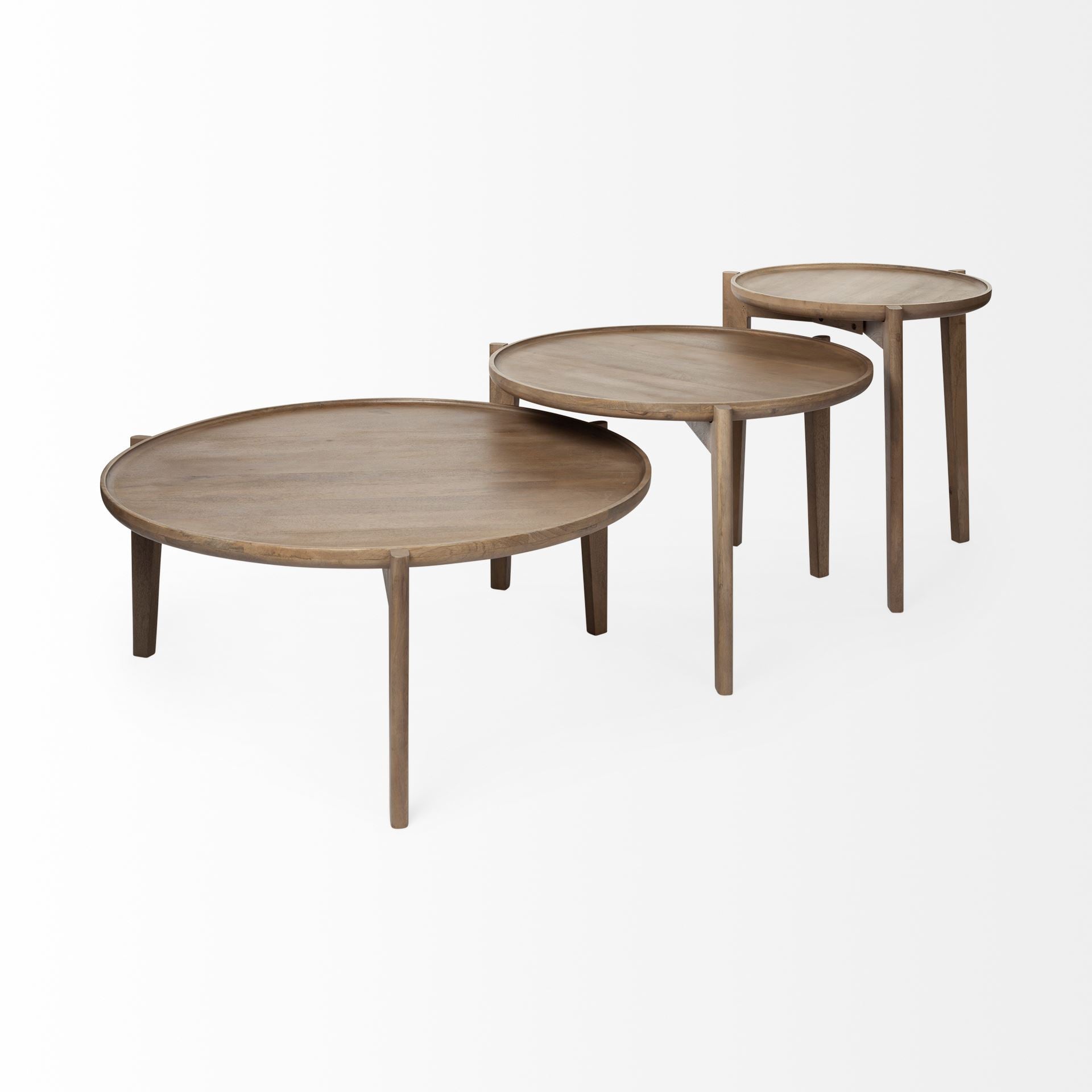 Set of Two Brown Solid Wood Round Nested Coffee Tables