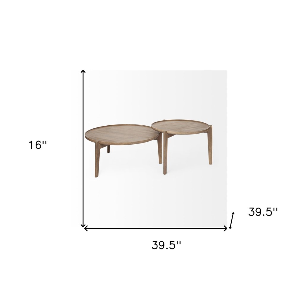 Set of Two Brown Solid Wood Round Nested Coffee Tables