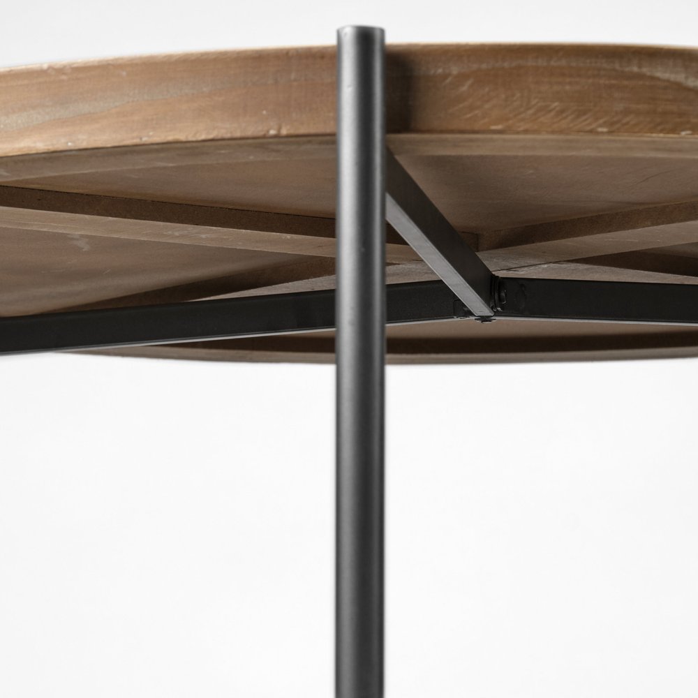 33" Brown and Black Solid Wood and Iron Round Coffee Table With Shelf