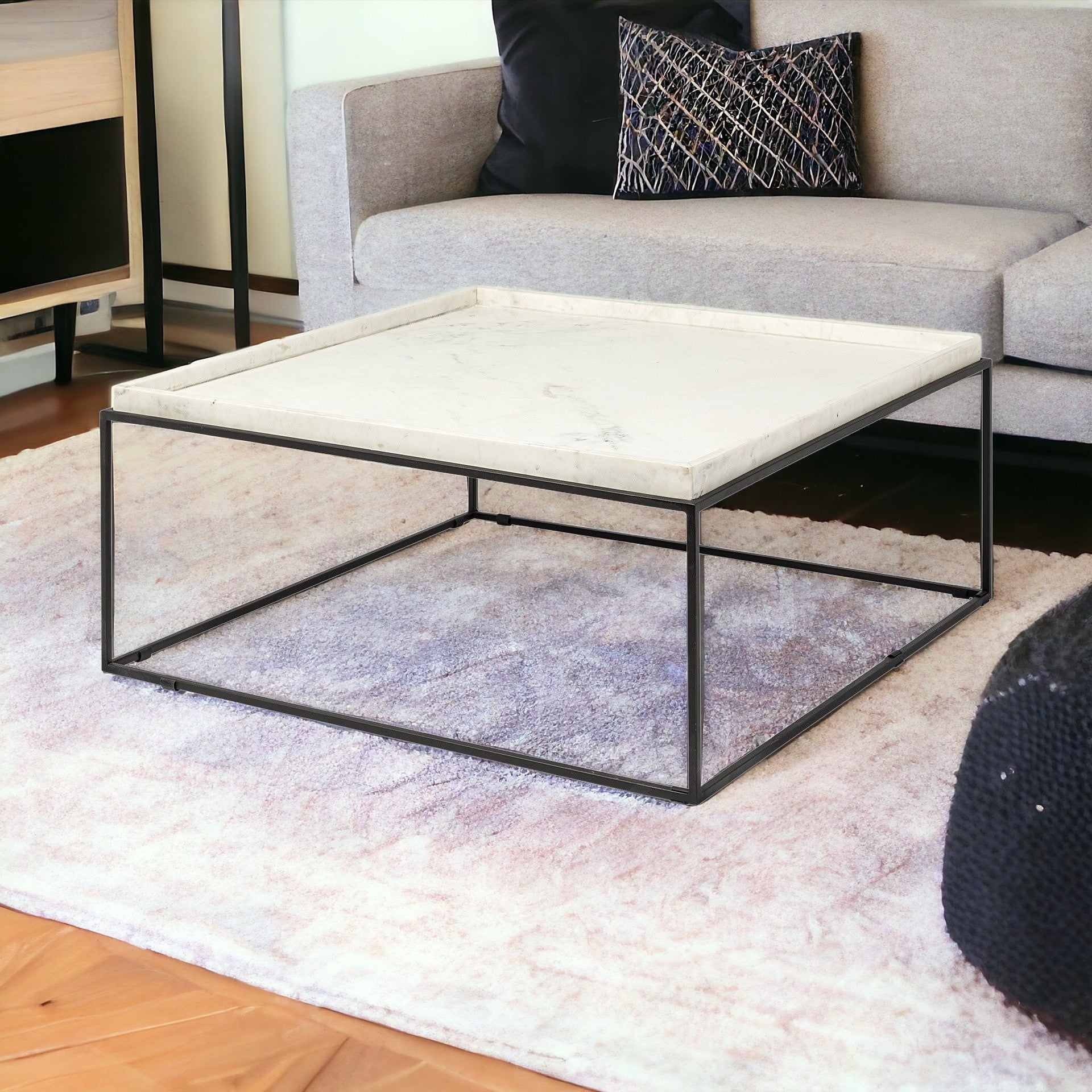 36" White And Black Genuine Marble And Metal Square Coffee Table